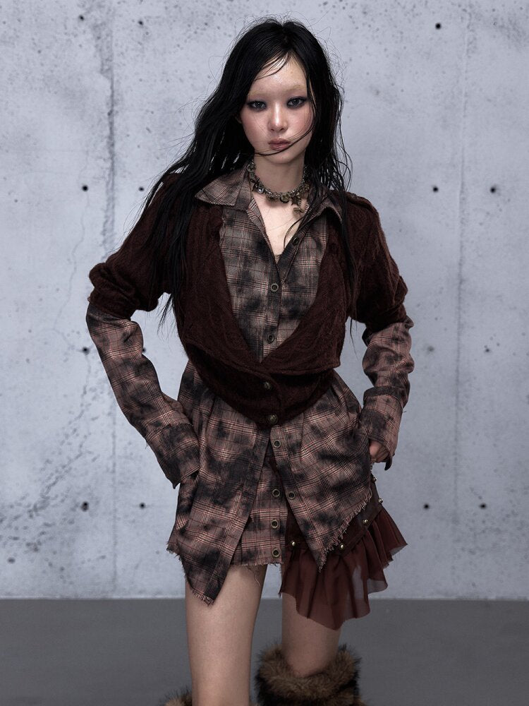 Check Knit Fake Two Piece Shirt【s0000015547】