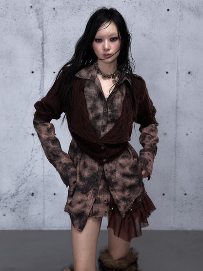 Check Knit Fake Two Piece Shirt【s0000015547】