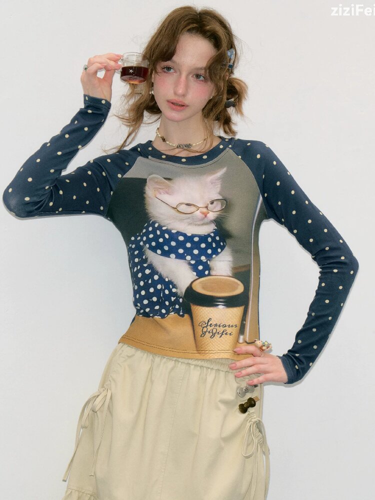Navy Polka Dot Cat Print Shirt【s0000017894】