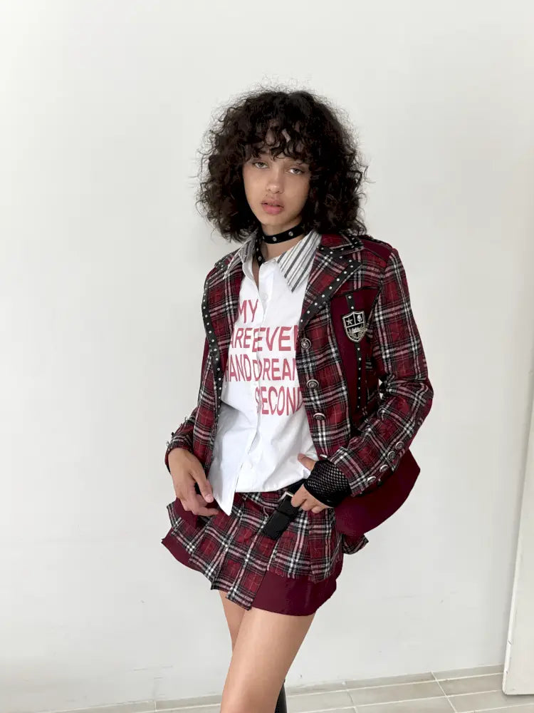 College Punk Badge Plaid Blazer【s0000014204】