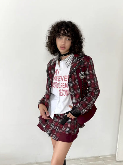 College Punk Badge Plaid Blazer【s0000014204】
