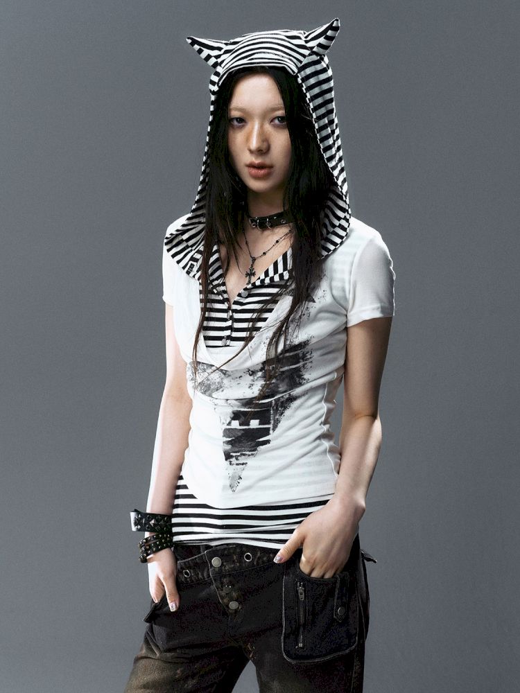 Swing Neck Striped Short Sleeve T-Shirt【s0000012807】