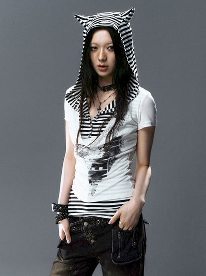 Swing Neck Striped Short Sleeve T-Shirt【s0000012807】