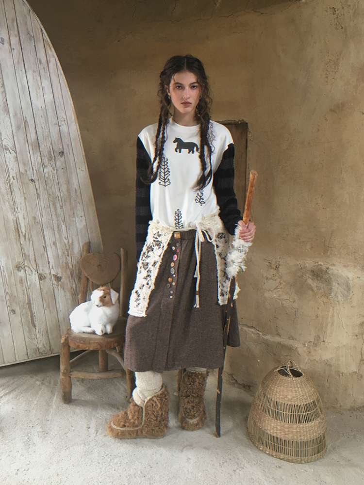 Striped Patchwork Pony Print T-Shirt【s0000014899】