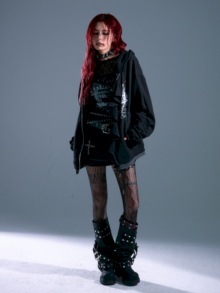 Ruffled Print Hoodie Cardigan【s0000013917】