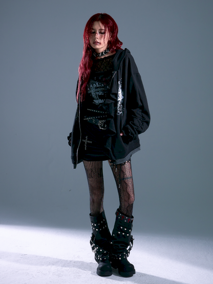 Ruffled Print Hoodie Cardigan【s0000013917】