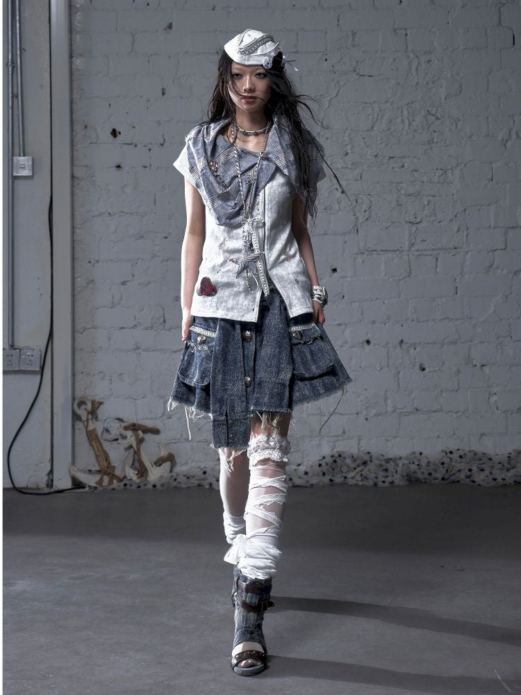 Faux two-piece distressed short-sleeved T-shirt【s0000012790】