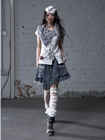Faux two-piece distressed short-sleeved T-shirt【s0000012790】