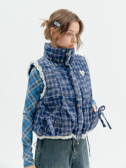 Checkered Splicing Lace Cotton Vest【s0000011504】