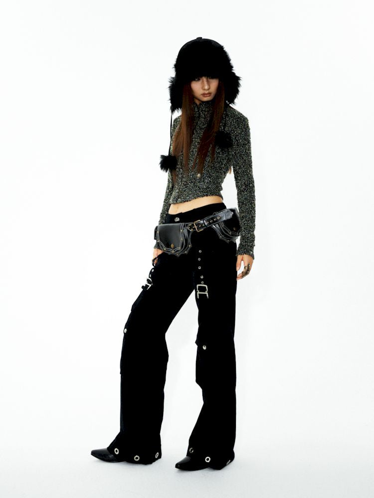 D-ring air eyelets decorated loose thin straight pants【s0000006272】