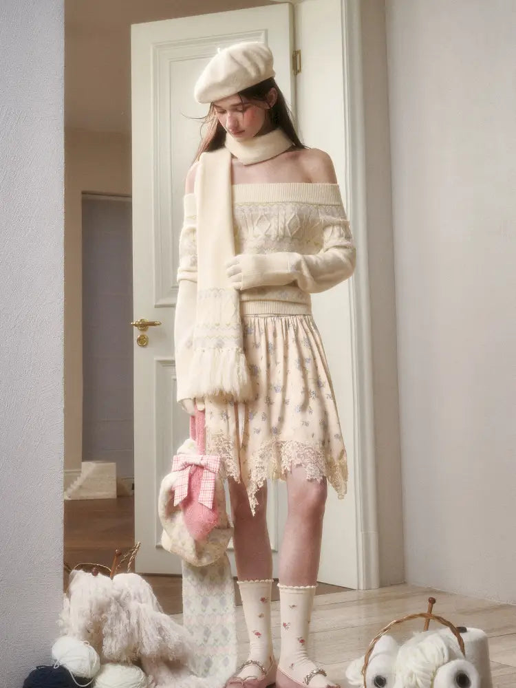 Fresh and Soft Cotton Sweater, Scarf, Floral Skirt【s0000014323】