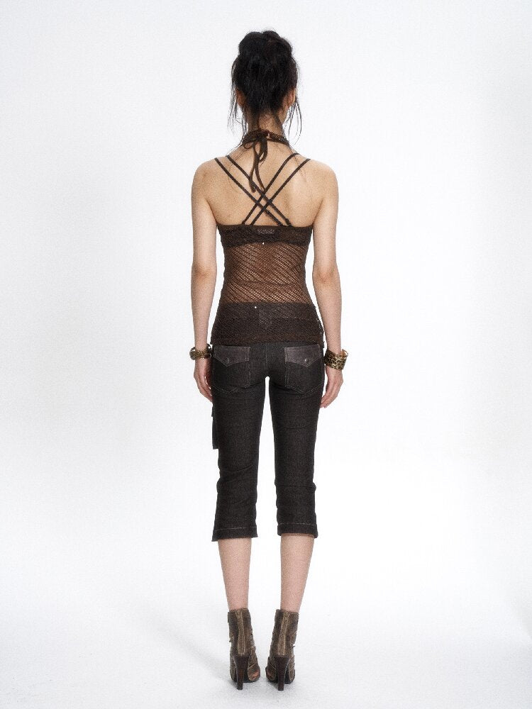 Dark Brown Sequin Mesh Halter Tank【s0000017649】