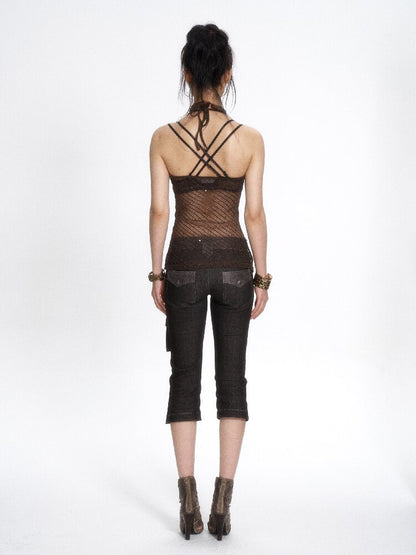 Dark Brown Sequin Mesh Halter Tank【s0000017649】