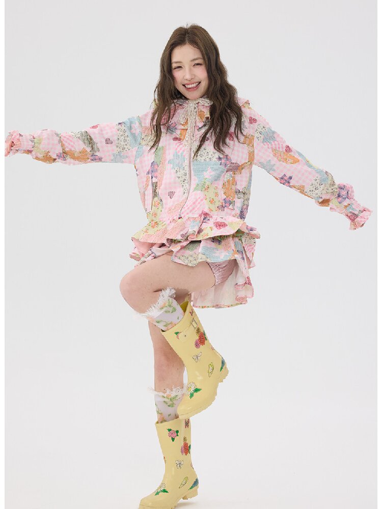 Pink Lace Print Collar Coat Suit【s0000016192】