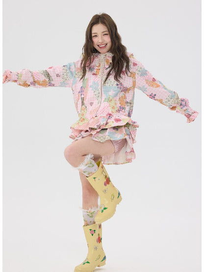 Pink Lace Print Collar Coat Suit【s0000016192】