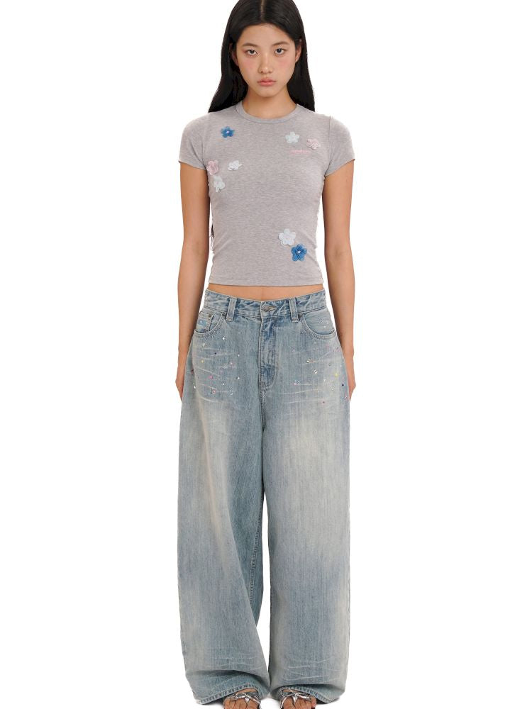 Irregular flowers Slim short-sleeved T-shirt【s0000013444】