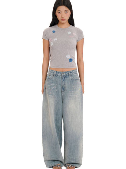 Irregular flowers Slim short-sleeved T-shirt【s0000013444】