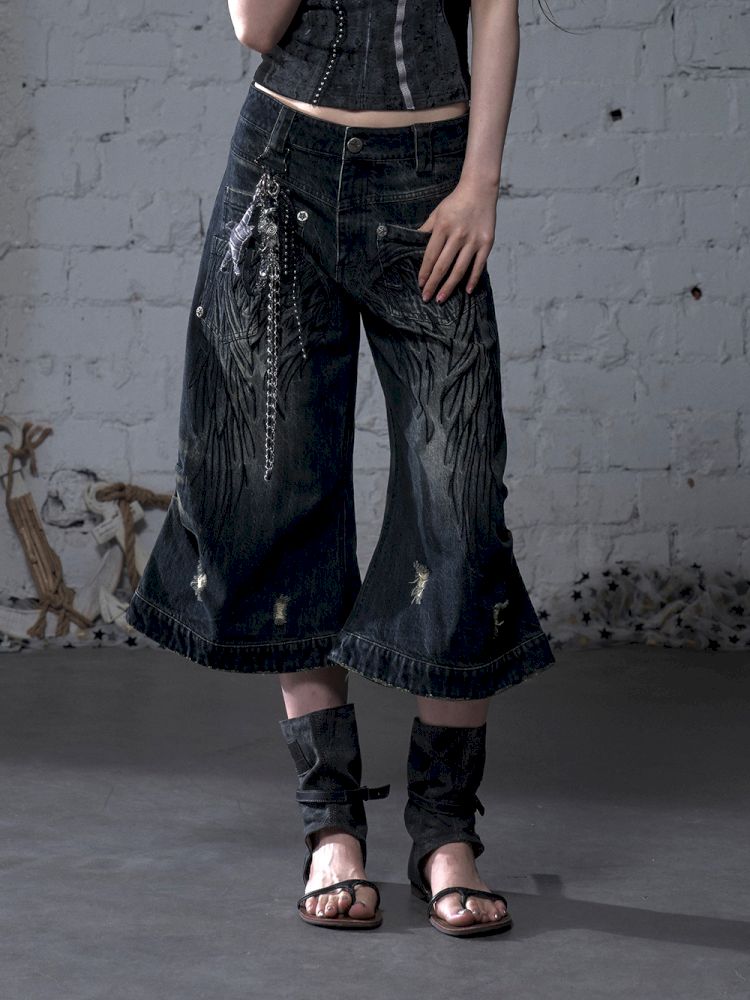 Wide-leg denim cropped pants【s0000012800】