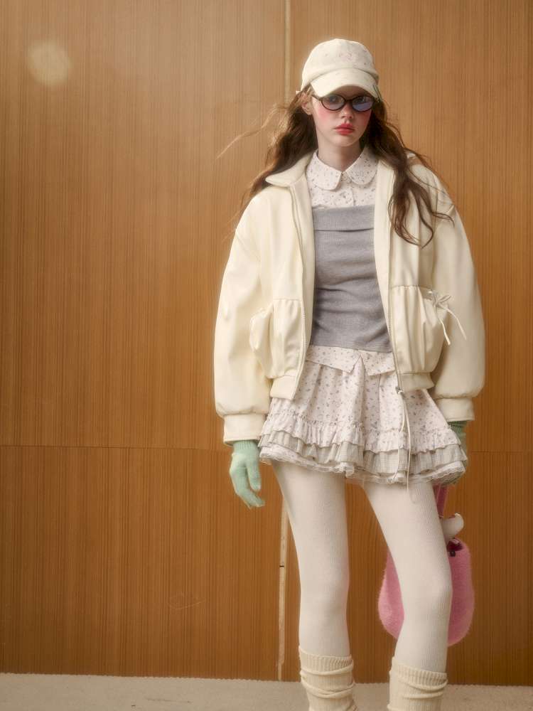 Cream Leather Doll Collar Leather Jacket【s0000014885】