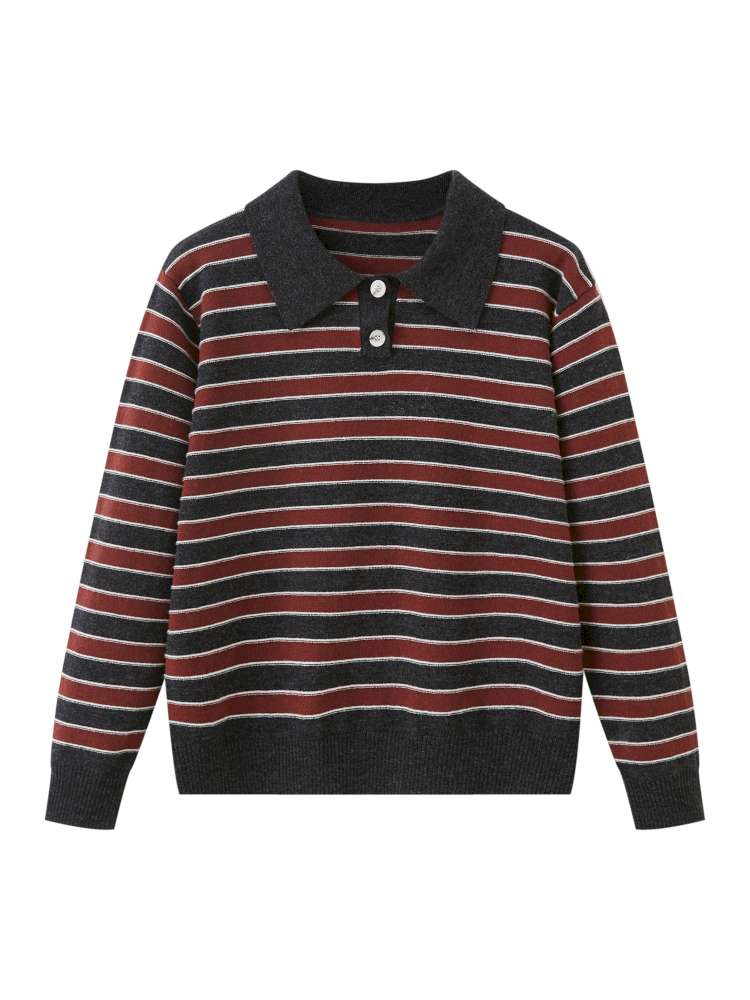 Cotton-wool Striped Polo Jumper【s0000015417】