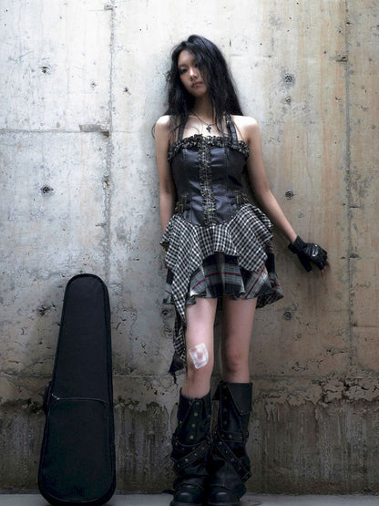 Patchwork Lattice Waisted Dress【s0000013889】