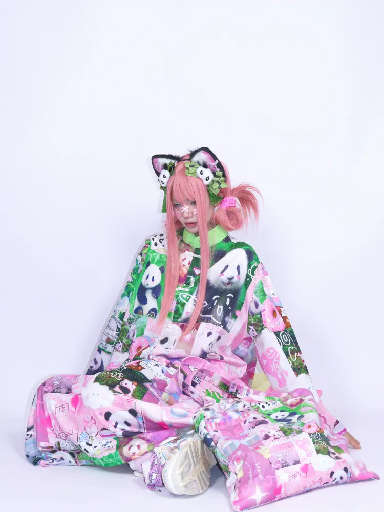 Panda Collage Print Stand Collar Long-Sleeve Top【s0000013981】