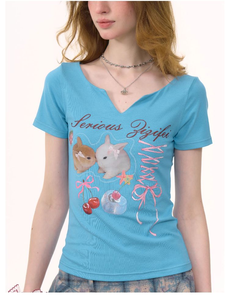 V-neck Rabbit Print Slim Thin Tops【s0000012252】