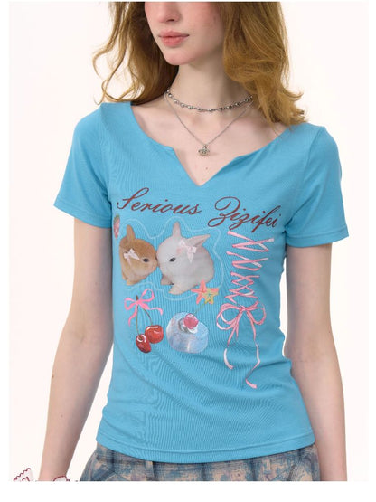 V-neck Rabbit Print Slim Thin Tops【s0000012252】