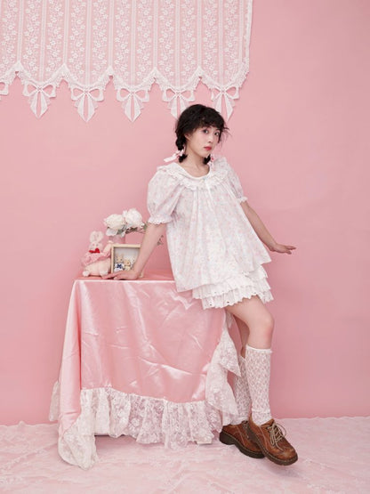 Rose pattern puff sleeve top【s0000012851】