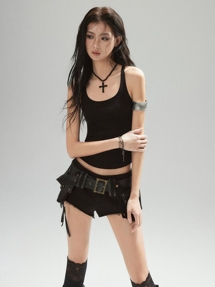 Black U-Neck Lyocell Strap Vest【s0000015601】