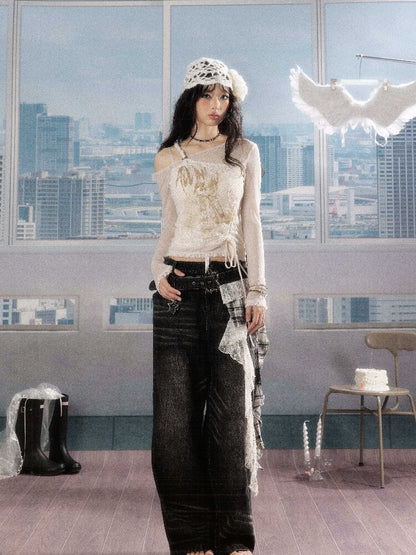 Lace Print Slanted Shoulder Tee【s0000016270】
