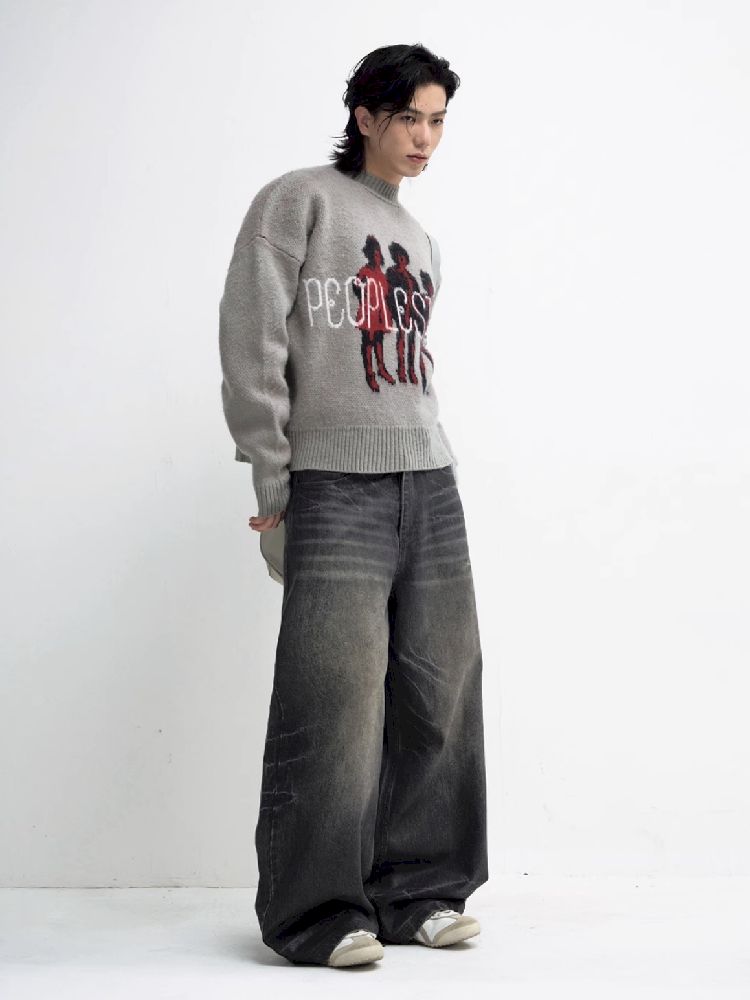 Washed Black Wide Leg Jeans [S0000010444]