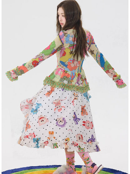 Two Color Cartoon Mesh Lace Top【s0000016197】