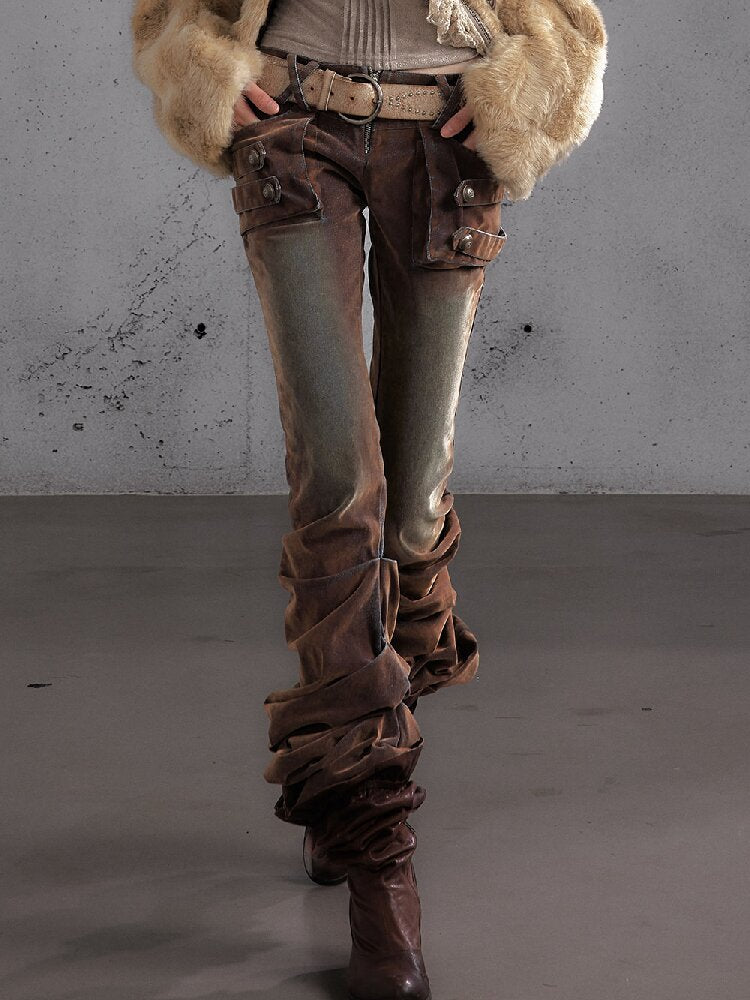 Distressed Pleated Low Rise Jeans【s0000019152】