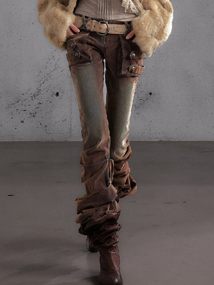 Distressed Pleated Low Rise Jeans【s0000019152】