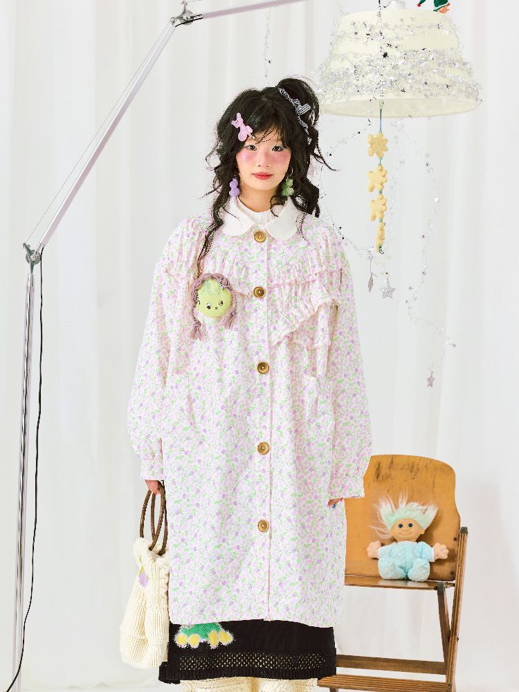 Harajuku Trench Coat Small Floral Print Peter Pan Collar Long Sleeve Trench Coat