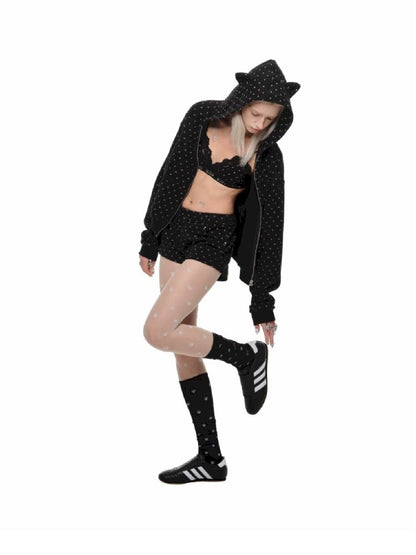 Cat's Paw Long Short Polka Dot Hooded Cardigan Sweatshirt Sweatpants Set【s0000011566】