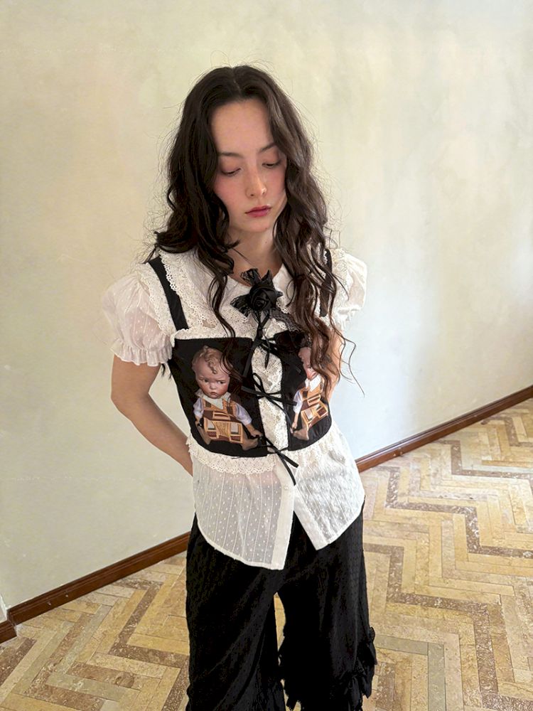 Cute doll print lace bow vest【s0000012760】
