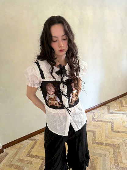 Cute doll print lace bow vest【s0000012760】