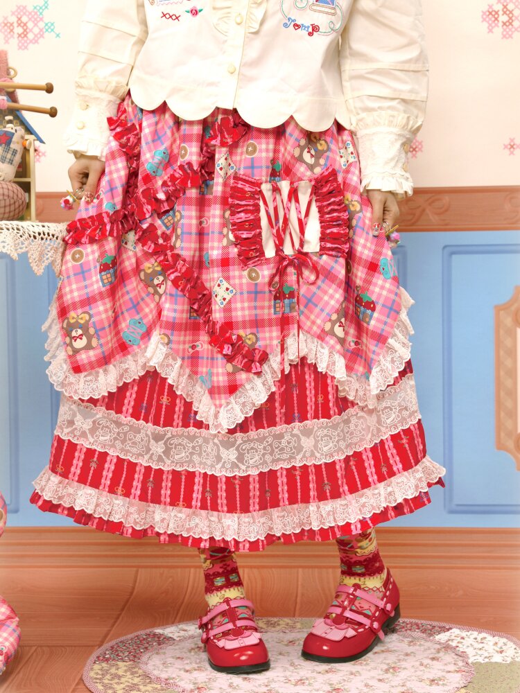 Red Pink Check Lace Skirt Blazer【s0000015574】