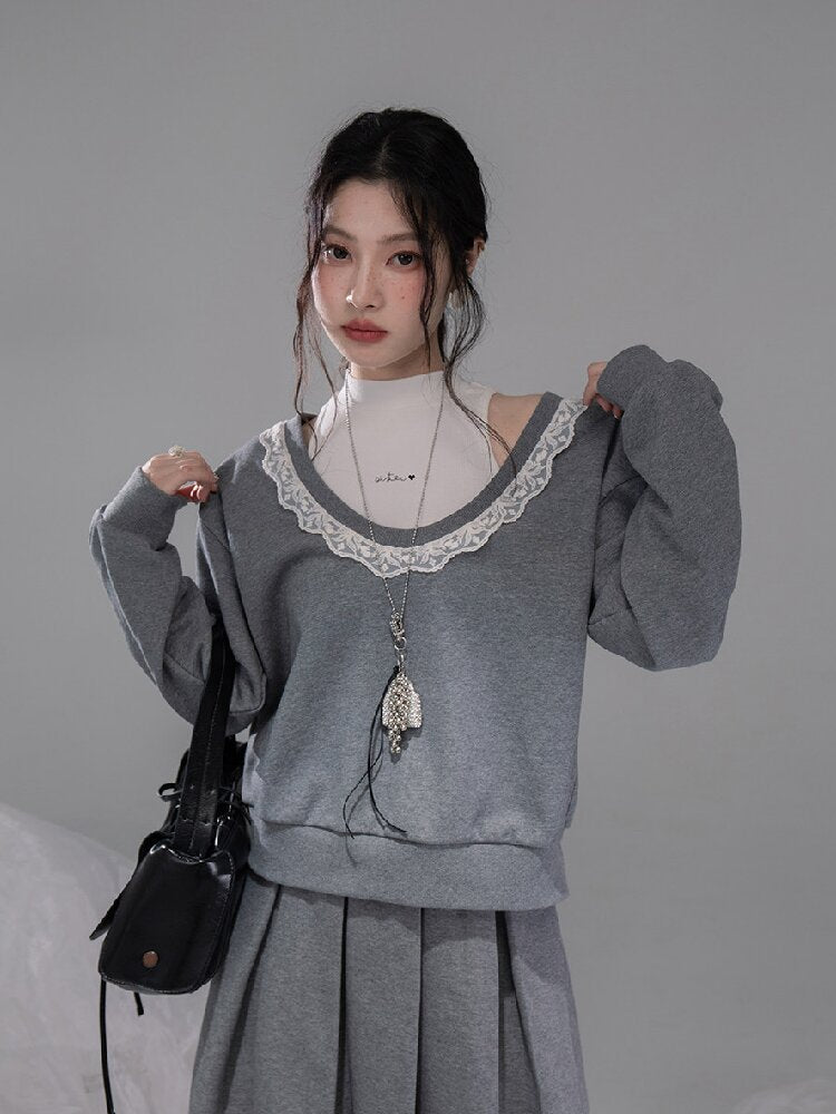 U-neck Sweatshirt Pleated Skirt Set【s0000015742】