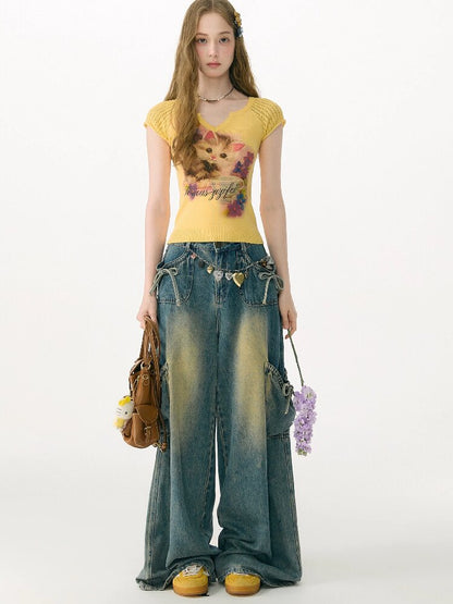 Warm Yellow Cat Print Knitted T-Shirt【s0000017148】