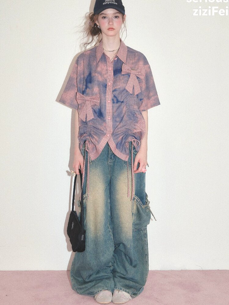 Distressed Plaid Bow Short Sleeve Shirt【s0000017755】