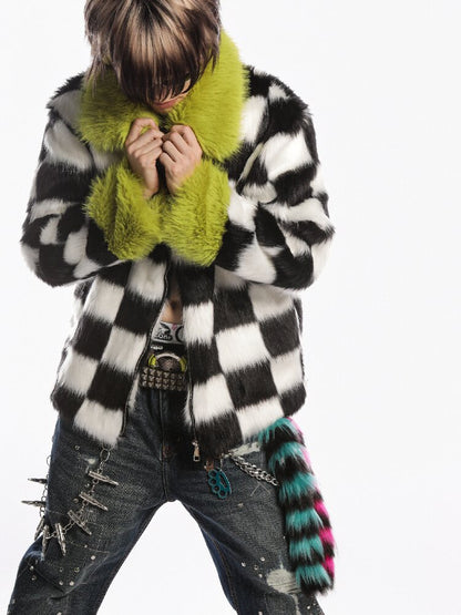 Checkerboard Patchwork Faux Coat【s0000019278】