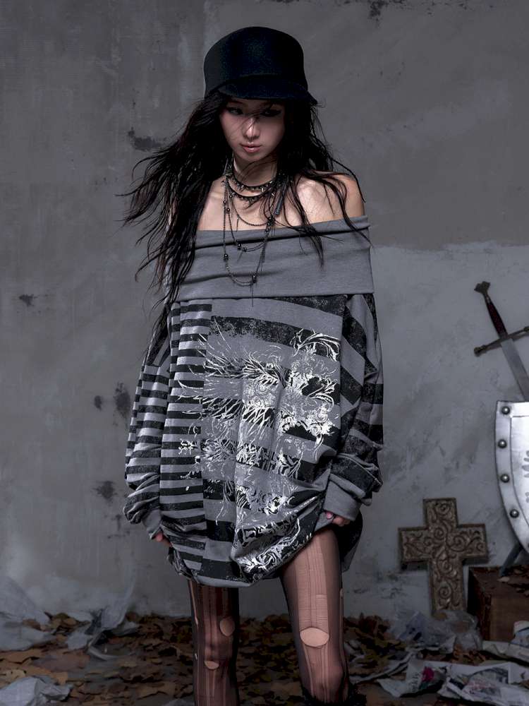 Striped Print Loose Bat Sleeve Dress【s0000014658】