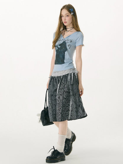 Vneck Cat Print Short Sleeve T Shirt【s0000017158】