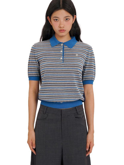 Stripes polo collar short sleeve knit tops【s0000013436】