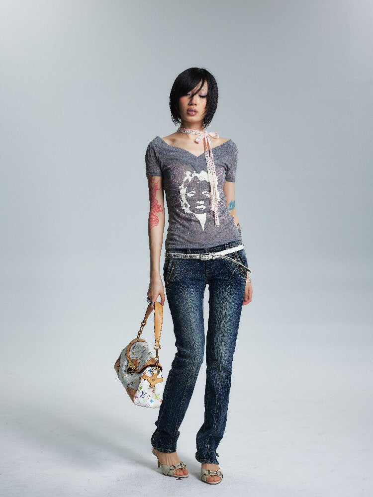 Thin Slim Large V Neck One Shoulder T【s0000017009】