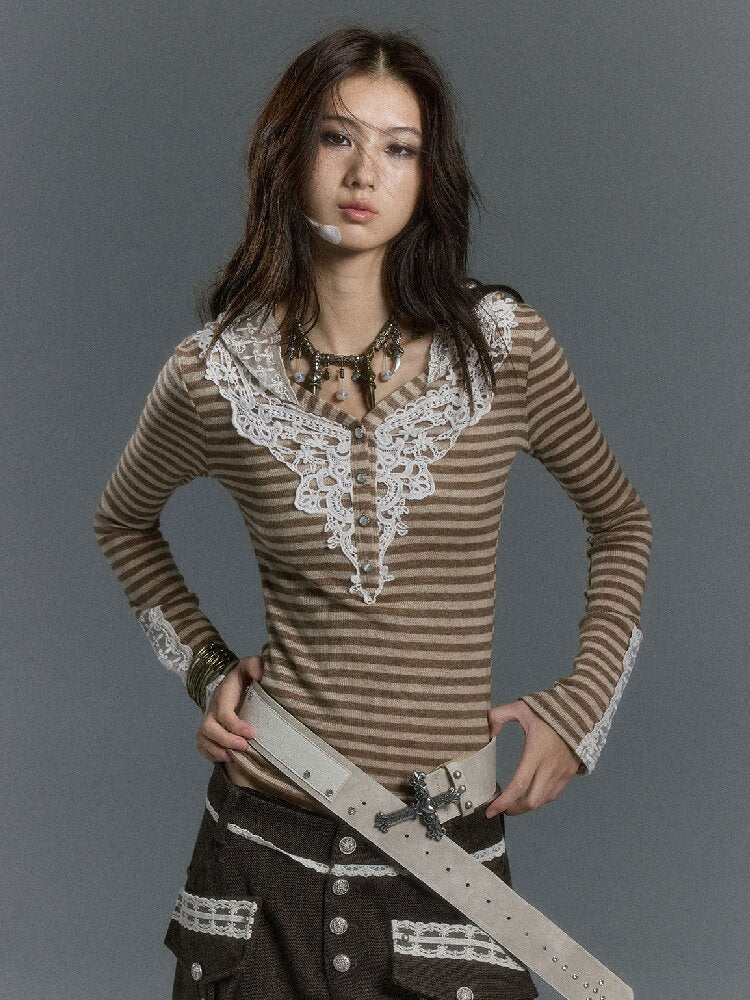 Lace Patchwork Striped Knit Top【s0000019240】