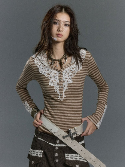Lace Patchwork Striped Knit Top【s0000019240】